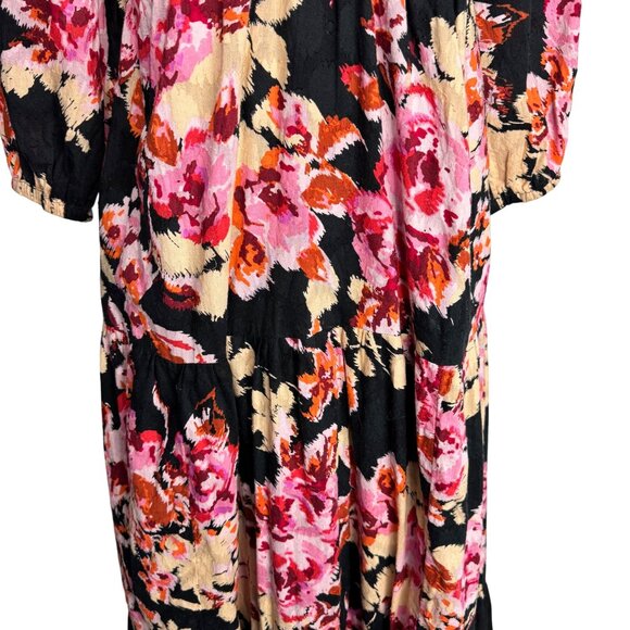 Anthropologie 100% Cotton Boho Black Floral Pink Maxi‎ Dress Balloon Sleeve - Picture 7 of 16